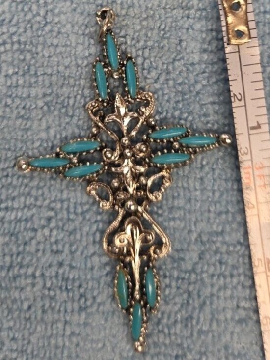 Large Auth Zuni Cross Pendant Chain Sterling Silver Turquoise Needlepoint - Picture 3 of 10